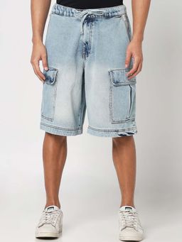 R&B - Blue Solid Cotton Cargo Shorts