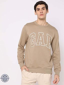 GAP - Men Beige Logo Print Crew Neck Full Sleeves Sweatshirt