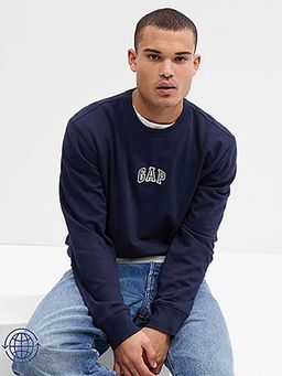 GAP - Men Navy Blue Logo Print Crew Neck Sweatshirt