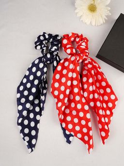 Laida - Blue And Red Polka Dots Hankerchief Style Scrunchies With Knot Detail (Pack of 2)