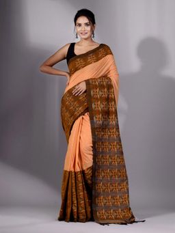 CHARUKRITI - Orange Cotton Handspun Soft Saree with Floral Weaving Without Blouse