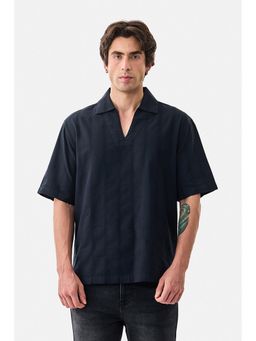 Snitch - Navy Textured Half Sleeves Boxy Casual Shirt for Men - Navy Blue