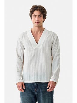 Snitch - White Textured Full Sleeves Boxy Casual T-Shirt for Men