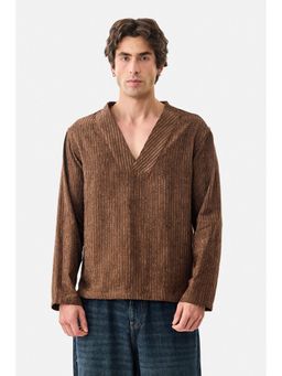 Snitch - Brown Textured Full Sleeves Boxy Casual T-Shirt for Men