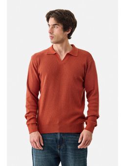 Snitch - Terracotta Ribbed Full Sleeves Regular Casual Polo T-shirt for Men - Rust