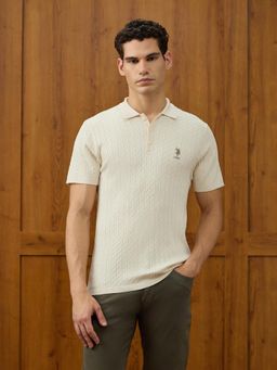 U.S. POLO ASSN. - Men's Patterned Knit Equestrian Aisle Theater Polo T-shirt - Beige