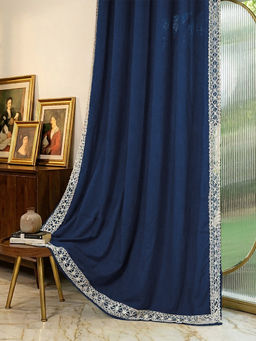 Urban Space - Navy Blue Cotton Lace Trim Window Curtain