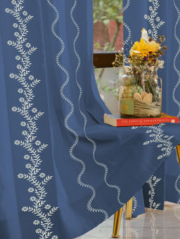Urban Space - Solara Navy Blue Cotton Embroidered Window Curtain