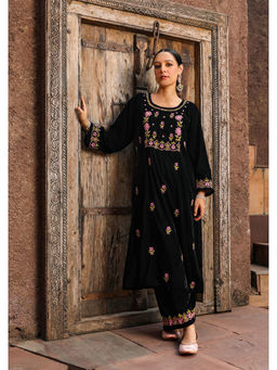 House of Chikankari - Chikankari Velvet Black Straight Kurta with Palazzo (Set of 2)