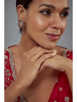 VIVINIA By Vidhi Mehra - Burgundy Gold Plated Pink And Green Kundan Polki Womens Studs Earrings