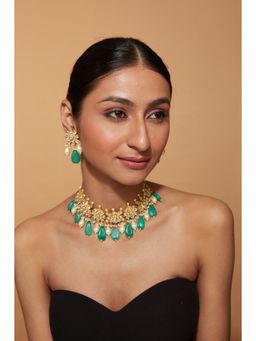 VIVINIA By Vidhi Mehra - Gold Plated Green Womens Pearl Choker Necklace Set With Earrings