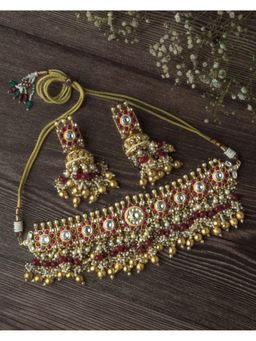 VIVINIA By Vidhi Mehra - Gold Plated Red Womens Beads Choker Necklace Set With Earrings
