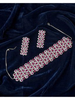 VIVINIA By Vidhi Mehra - Silver Plated Pink Womens Zircon Choker Necklace Set With Earrings