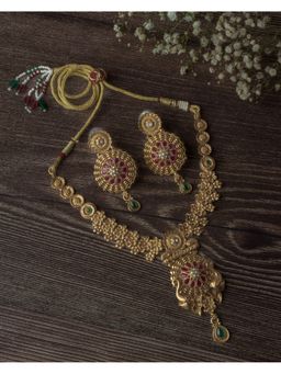 VIVINIA By Vidhi Mehra - Gold Plated Red Womens Temple Short Necklace Set With Earrings