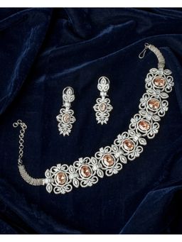 VIVINIA By Vidhi Mehra - Silver Plated Yellow Womens Zircon Choker Necklace Set With Earrings