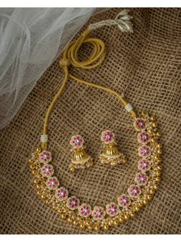 VIVINIA By Vidhi Mehra - Gold Plated Pink Womens Synthetic Stone Necklace Set With Earrings