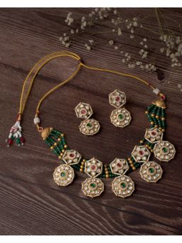 VIVINIA By Vidhi Mehra - Saadgi Gold Plated Green Womens Choker Necklace Set With Earrings