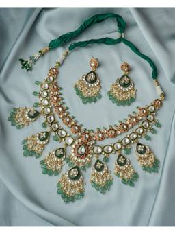 VIVINIA By Vidhi Mehra - Saadgi Gold Plated Green Womens Short Necklace Set With Earrings