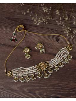 VIVINIA By Vidhi Mehra - Saadgi Gold Plated Green Womens Choker Necklace Set With Earrings