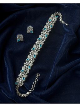 VIVINIA By Vidhi Mehra - Silver Plated Blue Womens Zircon Choker Necklace Set With Earrings