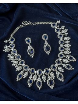 VIVINIA By Vidhi Mehra - Silver Plated Blue Womens Zircon Short Necklace Set With Earrings