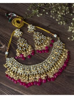 VIVINIA By Vidhi Mehra - Gold Plated Pink Womens Kundan Short Necklace Set With Earrings