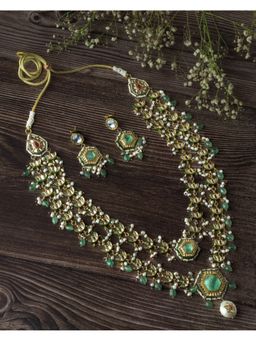 VIVINIA By Vidhi Mehra - Gold Plated Green Womens Kundan Long Necklace Set With Earrings