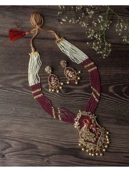 VIVINIA By Vidhi Mehra - Gold Plated Red And White Womens Beads Long Necklace Set With Earrings