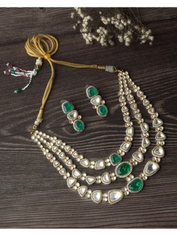 VIVINIA By Vidhi Mehra - Gold Plated Green Womens Kundan Short Necklace Set With Earrings