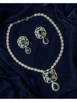 VIVINIA By Vidhi Mehra - Silver Plated Green Womens Zircon Short Necklace Set With Earrings
