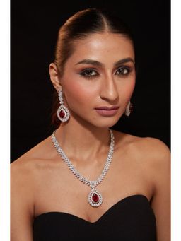 VIVINIA By Vidhi Mehra - Silver Plated Red Womens Zircon Short Necklace Set With Earrings