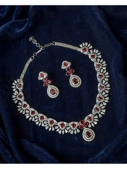 VIVINIA By Vidhi Mehra - Silver Plated Red Womens Zircon Short Necklace Set With Earrings