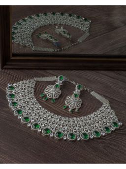 VIVINIA By Vidhi Mehra - Silver Plated Green Womens Choker Necklace Set With Earrings