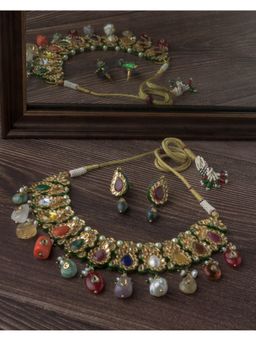 VIVINIA By Vidhi Mehra - Gold Plated Multicolored Womens Short Necklace Set With Earrings