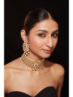 VIVINIA By Vidhi Mehra - Aatman Gold Plated Red Womens Kundan Polki Necklace Set With Earrings