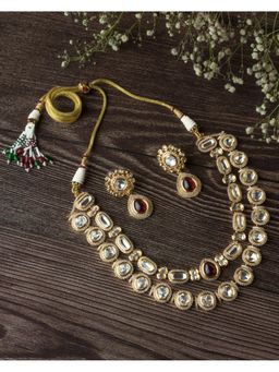 VIVINIA By Vidhi Mehra - Gold Plated Red Womens Kundan Short Necklace Set With Earrings
