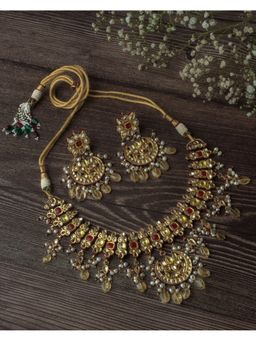 VIVINIA By Vidhi Mehra - Gold Plated Yellow And Red Womens Kundan Choker Necklace Set
