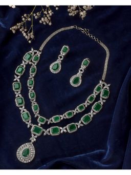 VIVINIA By Vidhi Mehra - Silver Plated Green Womens Short Necklace Set With Earrings