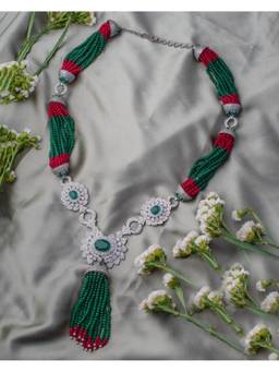 VIVINIA By Vidhi Mehra - Antara Silver Plated Green Womens Beaded Long Necklace Set