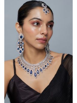 VIVINIA By Vidhi Mehra - Zia Silver Plated Blue Womens Zircon Short Necklace Sets