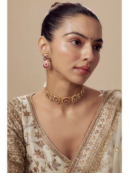 VIVINIA By Vidhi Mehra - Morpankh Gold Plated Pink Womens Beaded Choker Necklace Set