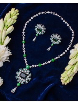 VIVINIA By Vidhi Mehra - Zia Silver Plated Green Womens Zircon Long Necklace Set With Earrings