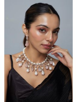 VIVINIA By Vidhi Mehra - Florence Gold Plated Pink Womens Pearl Short Necklace Set With Earrings