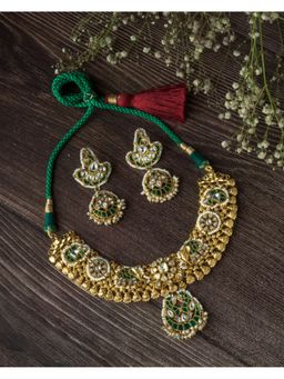 VIVINIA By Vidhi Mehra - Gold Plated Green Womens Synthetic Stone Short Necklace Set