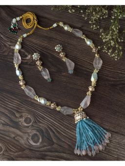 VIVINIA By Vidhi Mehra - Gold Plated Pink And Blue Womens Beads Long Necklace Set With Earrings