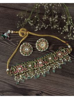 VIVINIA By Vidhi Mehra - Gold Plated Green Womens Kundan Choker Necklace Set With Earrings