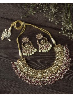 VIVINIA By Vidhi Mehra - Gold Plated Red Womens Kundan Short Necklace Set With Earrings