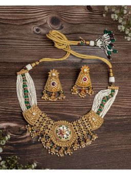 VIVINIA By Vidhi Mehra - Isvaraah 2.0 Gold Plated Green Choker Necklace Set With Earrings