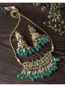 VIVINIA By Vidhi Mehra - Gold Plated Green Womens Kundan Choker Necklace Set With Earrings