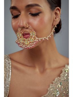 VIVINIA By Vidhi Mehra - Saadgi Gold Plated Pink Kundan Polki Womens Nath With Chain